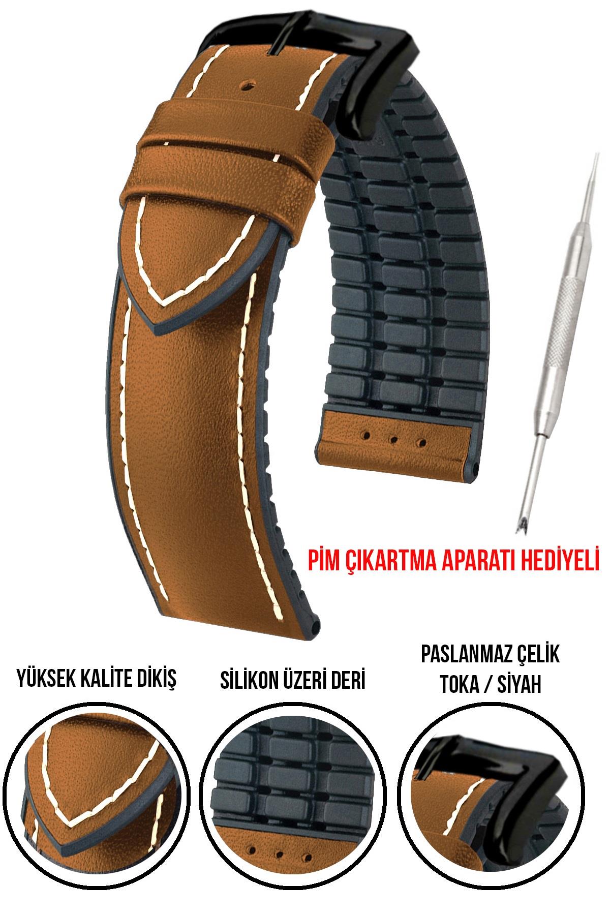 20mm-22mm-24mm Saat Uyumlu Siyah Renk Üzeri Taba Renk Klasik Model Deri Silikon Saat Kordonu Kayışı LS35KLS-S