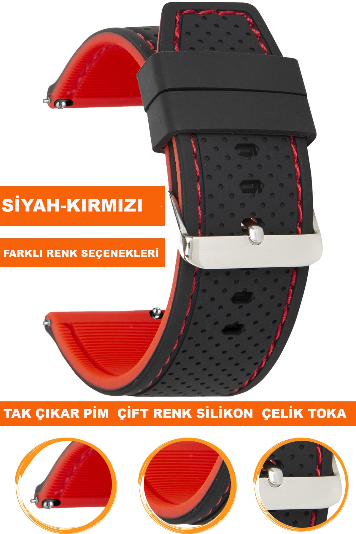 20mm-22mm-24mm Siyah-Kırmızı Renk Silikon Saat Kordonu Kayışı A54
