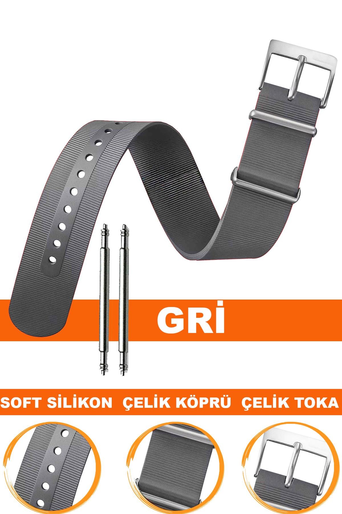 20mm-22mm Gri Renk Silikon Nato Saat Kordonu Kayışı 
