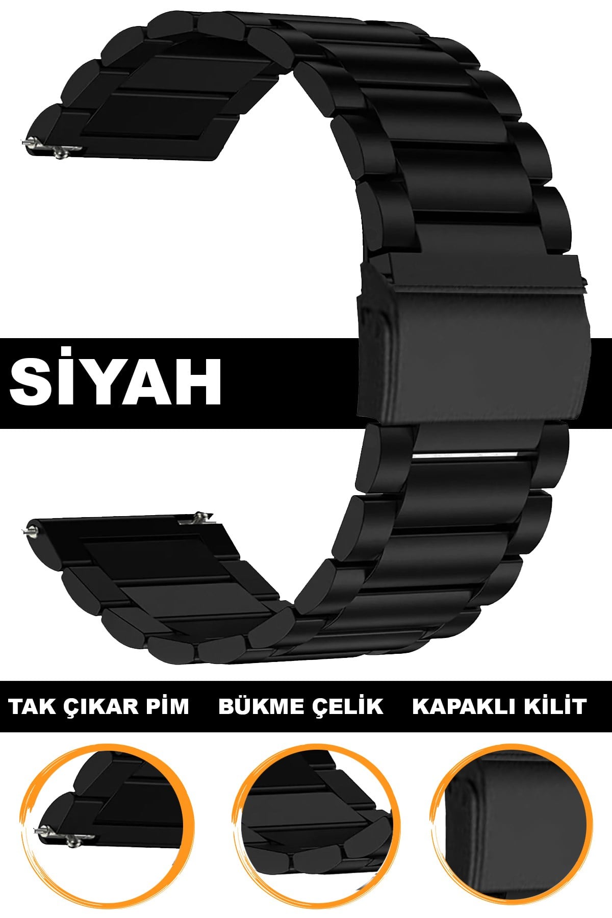 20mm-22mm Saat Uyumlu Siyah Renk Paslanmaz Çelik Metal Saat Kordonu Kayışı M17PD2