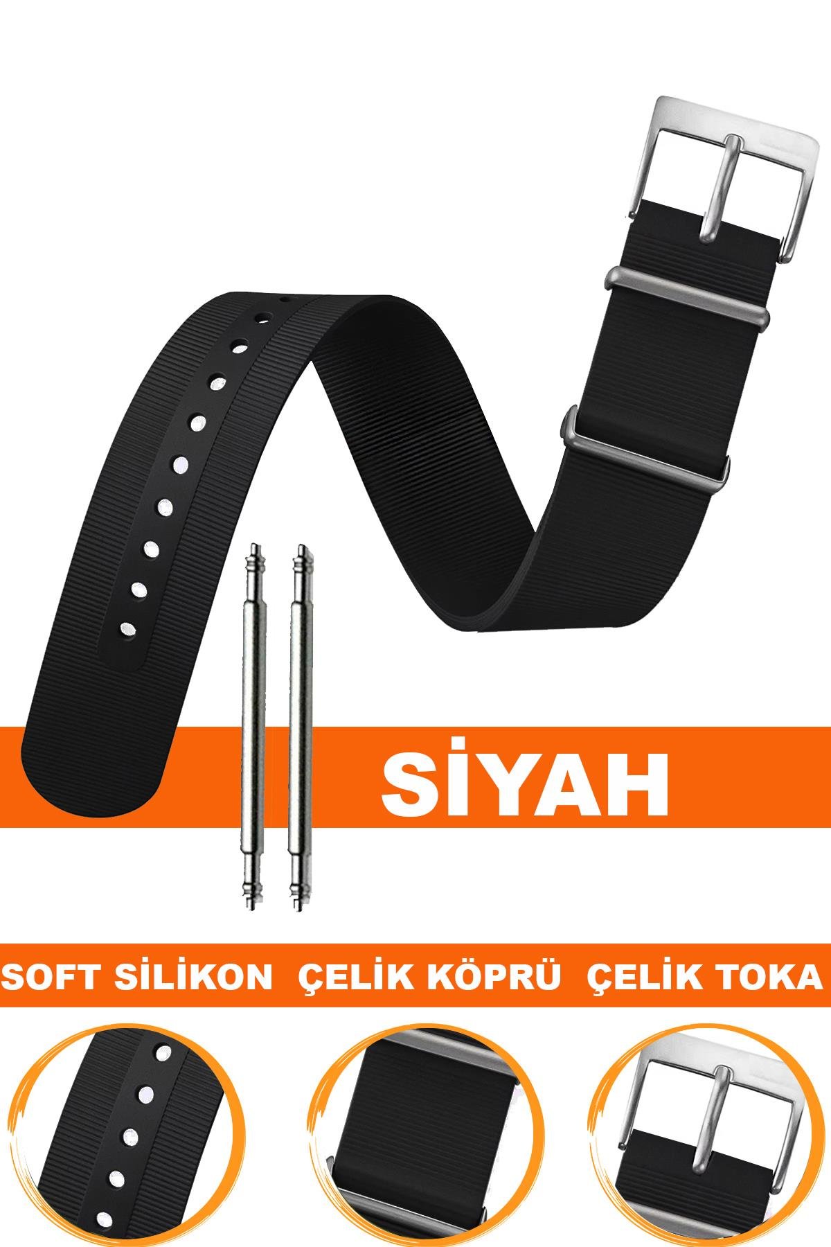 20mm-22mm Siyah Renk Silikon Nato Saat Kordonu Kayışı 