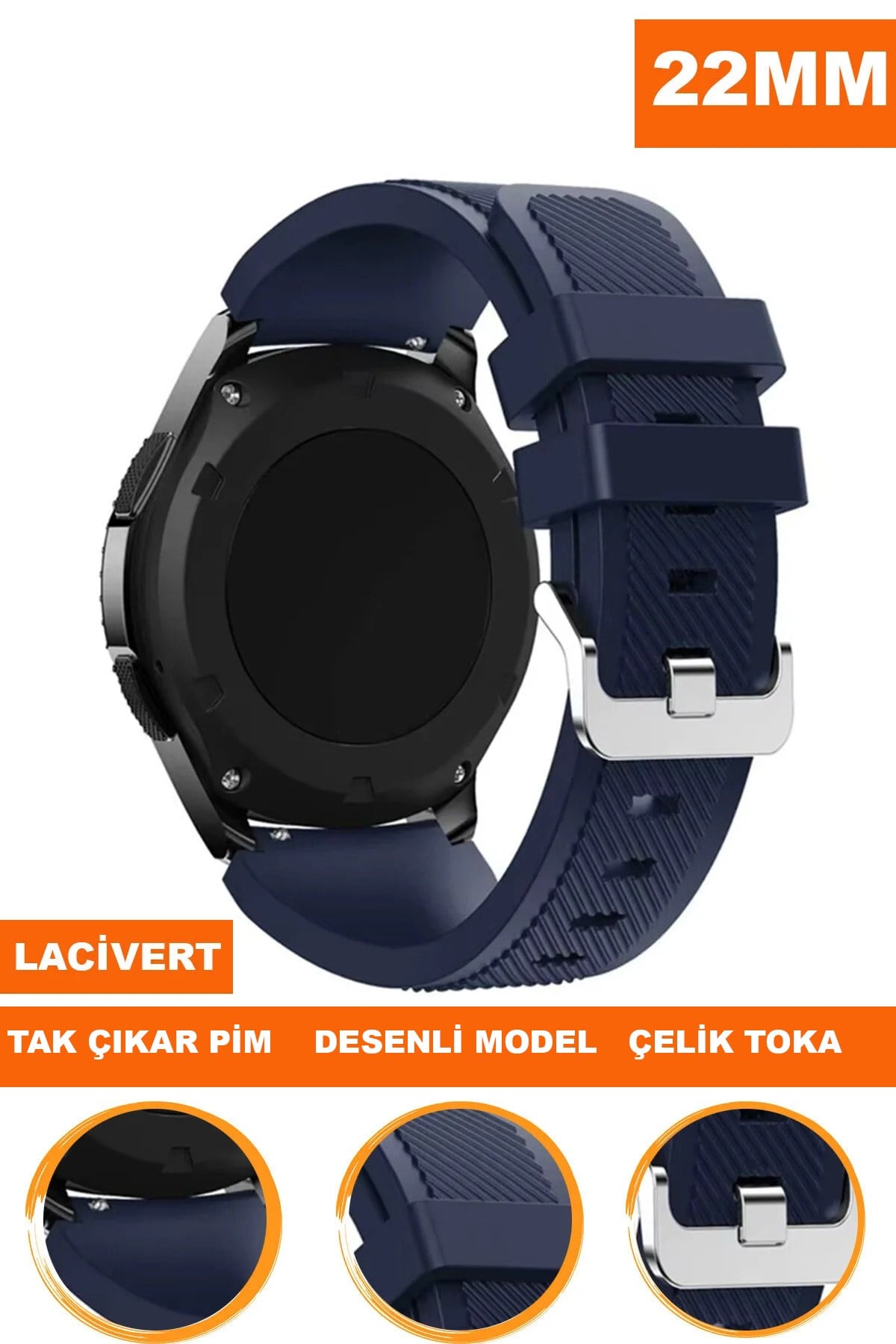 22mm Saatlerle Uyumlu Lacivert Renk Silikon Saat Kordonu Kayışı A57