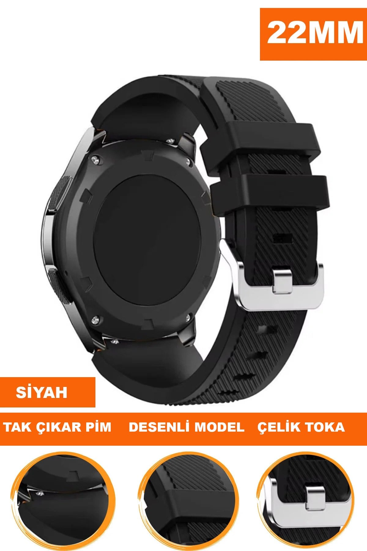 22mm Saatlerle Uyumlu Siyah Renk Silikon Saat Kordonu Kayışı A57