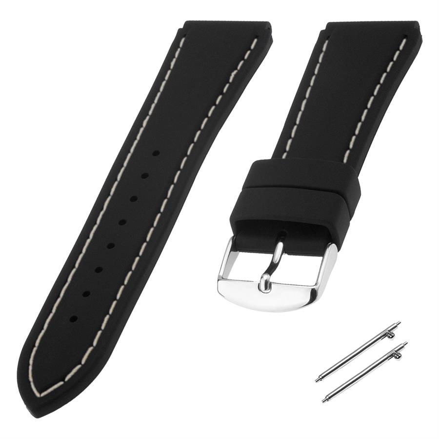 Cobra R14013-BW Siyah Renk Beyaz Dikişli Kauçuk Saat Kordonu