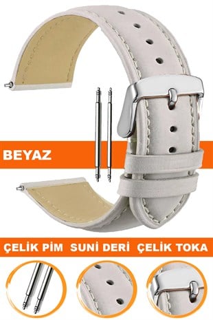 10mm-12mm-14mm-16mm-18mm-20mm-22mm-24mm-26mm Klasik Model Beyaz Renk Suni Deri Saat Kordonu Kayışı
