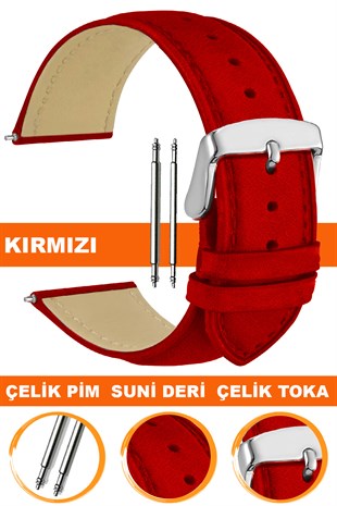 10mm-12mm-14mm-16mm-18mm-20mm-22mm-24mm-26mm Klasik Model Kırmızı Renk Suni Deri Saat Kordonu Kayışı