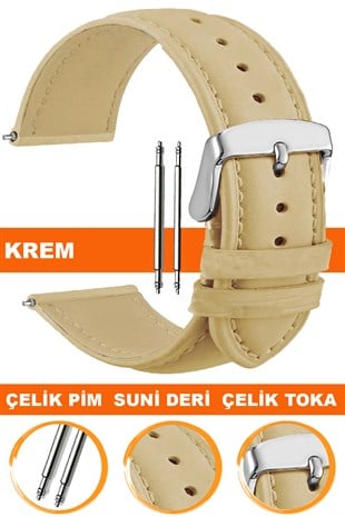 10mm-12mm-14mm-16mm-18mm-20mm-22mm-24mm-26mm Klasik Model Krem Renk Suni Deri Saat Kordonu Kayışı