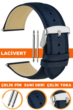 10mm-12mm-14mm-16mm-18mm-20mm-22mm-24mm-26mm Klasik Model Lacivert Renk Suni Deri Saat Kordonu Kayışı