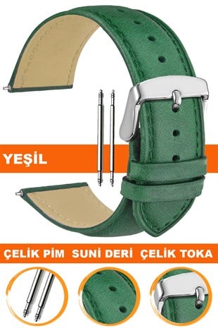 10mm-12mm-14mm-16mm-18mm-20mm-22mm-24mm-26mm Klasik Model Yeşil Renk Suni Deri Saat Kordonu Kayışı