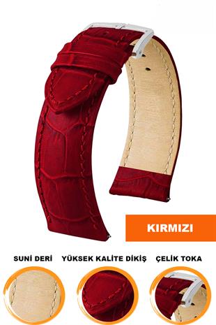 14mm-16mm-18mm-20mm-22mm-24mm-26mm-28mm Kırmızı Renk Suni Deri Saat Kordonu Kayışı