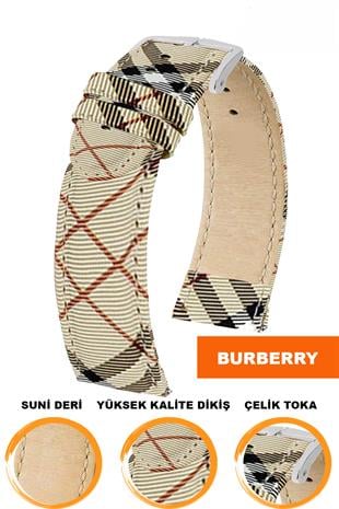 14mm-16mm-18mm-20mm-22mm-24mm-26mm-28mm Burberry Desenli Suni Deri Saat Kordonu Kayışı