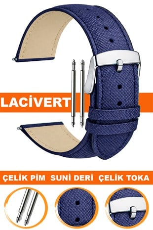 14mm-16mm-18mm-20mm-22mm Baskılı Model Lacivert Renk Suni Deri Saat Kordonu Kayışı