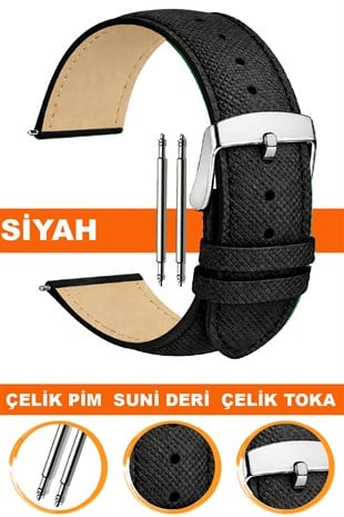 14mm-16mm-18mm-20mm-22mm Baskılı Model Siyah Renk Suni Deri Saat Kordonu Kayışı