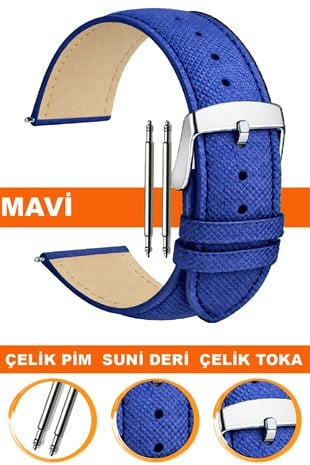 14mm-16mm-18mm-20mm-22mm Baskılı Model Mavi Renk Suni Deri Saat Kordonu Kayışı