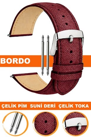 14mm-16mm-18mm-20mm-22mm Baskılı Model Bordo Renk Suni Deri Saat Kordonu Kayışı
