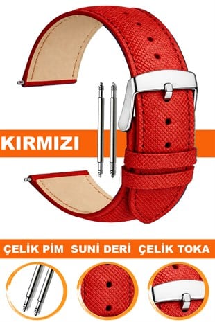 14mm-16mm-18mm-20mm-22mm Baskılı Model Kırmızı Renk Suni Deri Saat Kordonu Kayışı