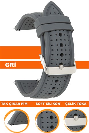 18mm-20mm-22mm-24mm Gri Renk Silikon Saat Kordonu Kayışı S26