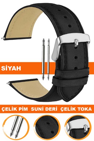 10mm-12mm-14mm-16mm-18mm-20mm-22mm-24mm-26mm Klasik Model Siyah Renk Suni Deri Saat Kordonu Kayışı