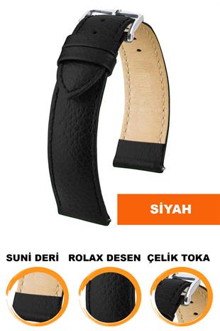 18mm-20mm-22mm-24mm-Rolax Desenli Siyah Renk Suni Deri Saat Kordonu Kayışı