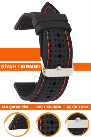 18mm-20mm-22mm-24mm Siyah-Kırmızı Dikişli Renk Silikon Saat Kordonu Kayışı S26