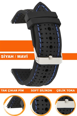 18mm-20mm-22mm-24mm Siyah-Mavi Dikişli Renk Silikon Saat Kordonu Kayışı S26