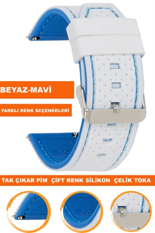 20mm-22mm-24mm Beyaz-Mavi Renk Silikon Saat Kordonu Kayışı A54