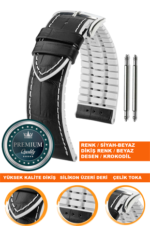 20mm-22mm-24mm Saat Uyumlu Beyaz Renk Üzeri Siyah Renk Kroko Desenli Deri Silikon Saat Kordonu Kayışı LS35KRK-G