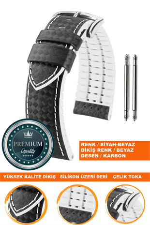 20mm-22mm-24mm Saat Uyumlu Beyaz Üzeri Siyah Renk Karbon Desenli Deri Silikon Saat Kordonu Kayışı LS35