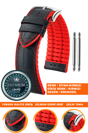 20mm-22mm-24mm Saat Uyumlu Kırmızı Renk Üzeri Siyah Renk Kroko Desenli Deri Silikon Saat Kordonu Kayışı LS35KRK-G