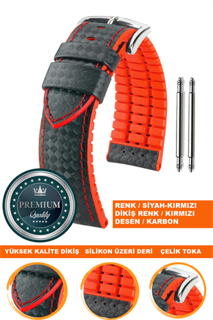 20mm-22mm-24mm Saat Uyumlu Kırmızı Üzeri Siyah Renk Karbon Desenli Deri Silikon Saat Kordonu Kayışı LS35