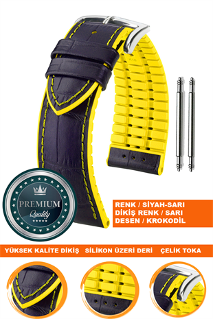 20mm-22mm-24mm Saat Uyumlu Sarı Renk Üzeri Siyah Renk Kroko Desenli Deri Silikon Saat Kordonu Kayışı LS35KRK-G