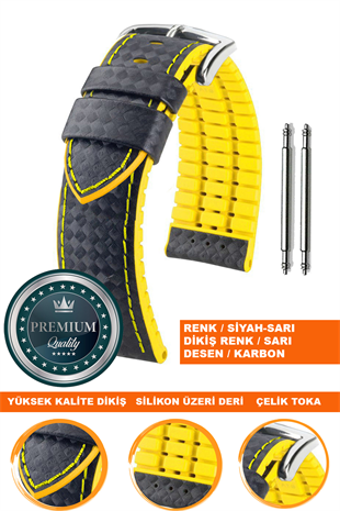 20mm-22mm-24mm Saat Uyumlu Sarı Üzeri Siyah Renk Karbon Desenli Deri Silikon Saat Kordonu Kayışı LS35