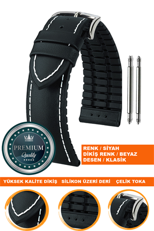20mm-22mm-24mm Saat Uyumlu Siyah Renk Üzeri Siyah Renk Klasik Model Deri Silikon Saat Kordonu Kayışı LS35KLS-G