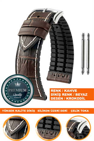 20mm-22mm-24mm Saat Uyumlu Siyah Renk Üzeri Kahverengi Renk Kroko Desenli Deri Silikon Saat Kordonu Kayışı LS35KRK-G