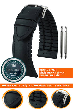 20mm-22mm-24mm Saat Uyumlu Siyah Renk Üzeri Siyah Renk Klasik Model Deri Silikon Saat Kordonu Kayışı LS35KLS-G