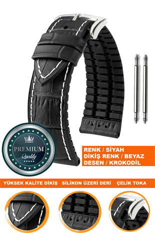 20mm-22mm-24mm Saat Uyumlu Siyah Renk Üzeri Siyah Renk Kroko Desenli Deri Silikon Saat Kordonu Kayışı LS35KRK-G