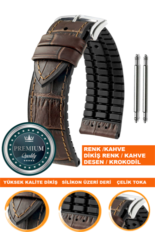 20mm-22mm-24mm Saat Uyumlu Siyah Renk Üzeri Kahverengi Renk Kroko Desenli Deri Silikon Saat Kordonu Kayışı LS35KRK-G
