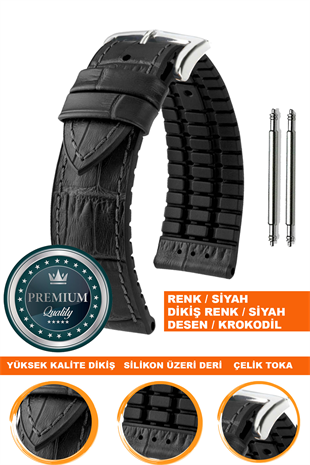 20mm-22mm-24mm Saat Uyumlu Siyah Renk Üzeri Siyah Renk Kroko Desenli Deri Silikon Saat Kordonu Kayışı LS35KRK-G