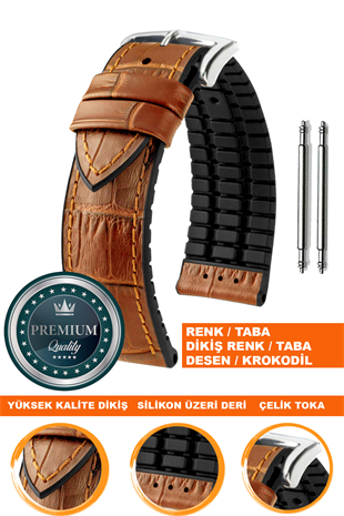 20mm-22mm-24mm Saat Uyumlu Siyah Renk Üzeri Taba Renk Kroko Desenli Deri Silikon Saat Kordonu Kayışı LS35KRK-G