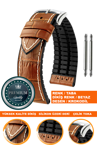 20mm-22mm-24mm Saat Uyumlu Siyah Renk Üzeri Taba Renk Kroko Desenli Deri Silikon Saat Kordonu Kayışı LS35KRK-G