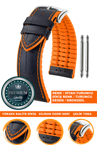 20mm-22mm-24mm Saat Uyumlu Turuncu Renk Üzeri Siyah Renk Kroko Desenli Deri Silikon Saat Kordonu Kayışı LS35KRK-G