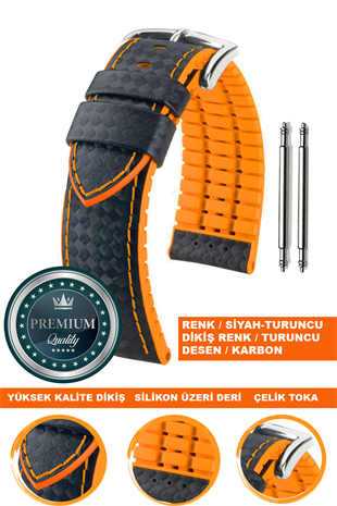 20mm-22mm-24mm Saat Uyumlu Turuncu Üzeri Siyah Renk Karbon Desenli Deri Silikon Saat Kordonu Kayışı LS35