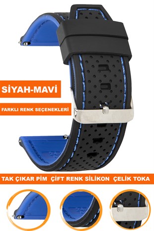 20mm-22mm-24mm Siyah-Mavi Renk Silikon Saat Kordonu Kayışı A54