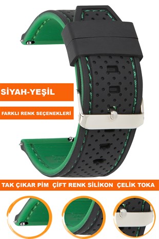 20mm-22mm-24mm Siyah-Yeşil Renk Silikon Saat Kordonu Kayışı A54