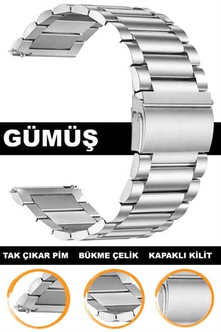20mm-22mm Saat Uyumlu Gümüş Renk Paslanmaz Çelik Metal Saat Kordonu Kayışı M17PD2