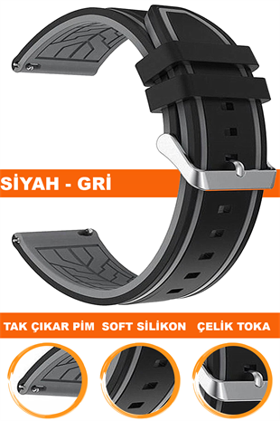 20mm-22mm Siyah-Gri Renk Silikon Saat Kordonu Kayışı A55