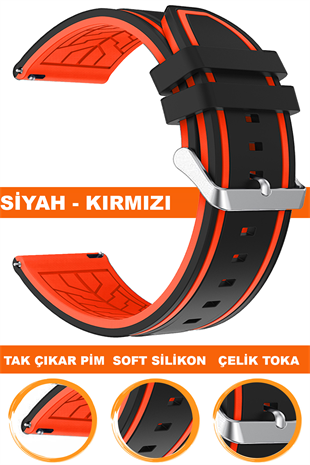 20mm-22mm Siyah-Kırmızı Renk Silikon Saat Kordonu Kayışı A55