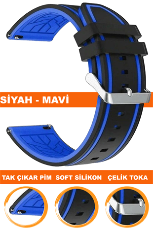 20mm-22mm Siyah-Mavi Renk Silikon Saat Kordonu Kayışı A55