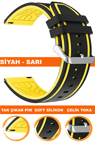20mm-22mm Siyah-Sarı Renk Silikon Saat Kordonu Kayışı A55
