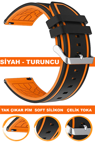 20mm-22mm Siyah-Turuncu Renk Silikon Saat Kordonu Kayışı A55